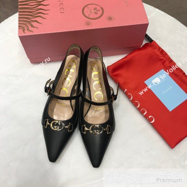 Gucci Zumi Leather Slingback Heel Pumps with G Horsebit 583300 Black 2019 (ANDI-9060136)