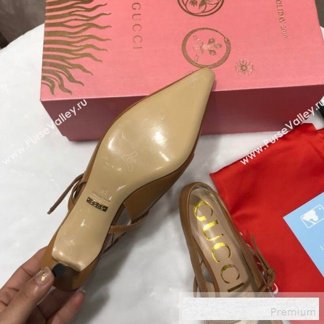 Gucci Zumi Leather Slingback Heel Pumps with G Horsebit 583300 Brown 2019 (ANDI-9060137)