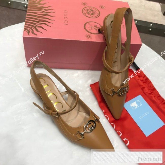 Gucci Zumi Leather Slingback Heel Pumps with G Horsebit 583300 Brown 2019 (ANDI-9060137)