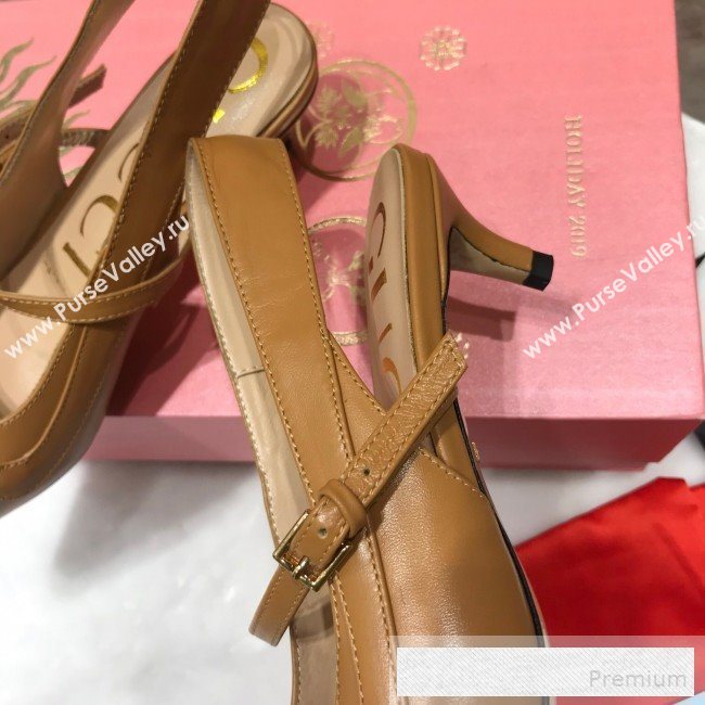 Gucci Zumi Leather Slingback Heel Pumps with G Horsebit 583300 Brown 2019 (ANDI-9060137)