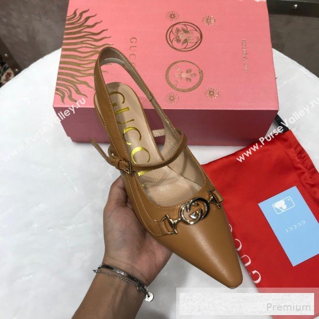 Gucci Zumi Leather Slingback Heel Pumps with G Horsebit 583300 Brown 2019 (ANDI-9060137)
