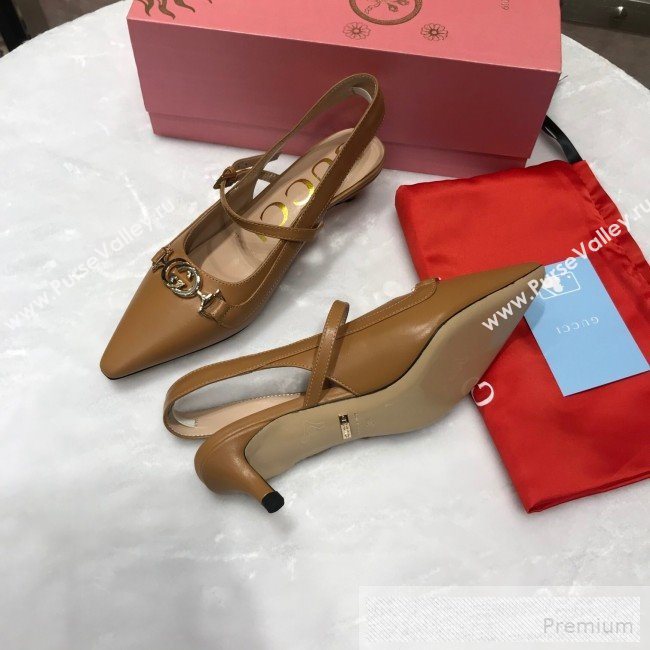 Gucci Zumi Leather Slingback Heel Pumps with G Horsebit 583300 Brown 2019 (ANDI-9060137)