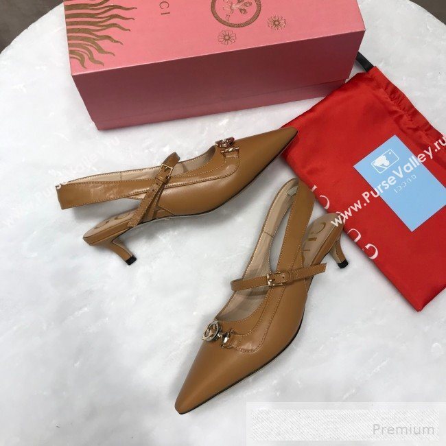 Gucci Zumi Leather Slingback Heel Pumps with G Horsebit 583300 Brown 2019 (ANDI-9060137)