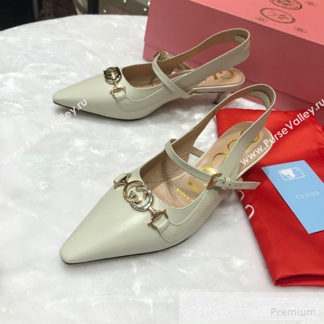 Gucci Zumi Leather Slingback Heel Pumps with G Horsebit 583300 White 2019 (ANDI-9060139)