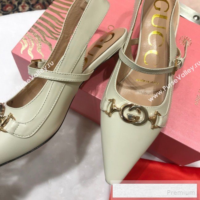 Gucci Zumi Leather Slingback Heel Pumps with G Horsebit 583300 White 2019 (ANDI-9060139)