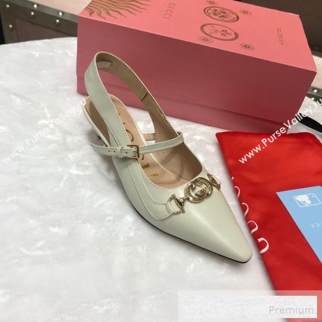 Gucci Zumi Leather Slingback Heel Pumps with G Horsebit 583300 White 2019 (ANDI-9060139)