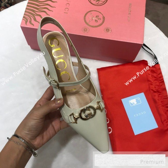 Gucci Zumi Leather Slingback Heel Pumps with G Horsebit 583300 White 2019 (ANDI-9060139)