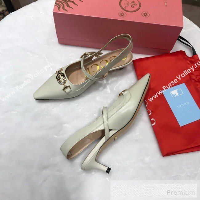 Gucci Zumi Leather Slingback Heel Pumps with G Horsebit 583300 White 2019 (ANDI-9060139)