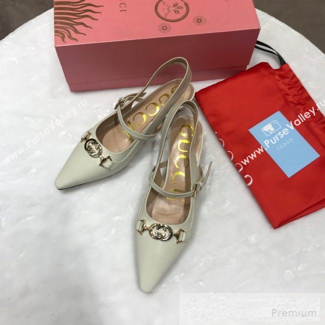 Gucci Zumi Leather Slingback Heel Pumps with G Horsebit 583300 White 2019 (ANDI-9060139)