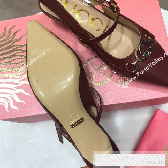 Gucci Zumi Leather Slingback Heel Pumps with G Horsebit 583300 Burgundy 2019 (ANDI-9060140)