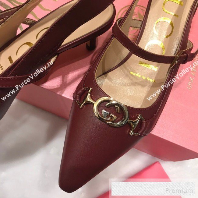 Gucci Zumi Leather Slingback Heel Pumps with G Horsebit 583300 Burgundy 2019 (ANDI-9060140)