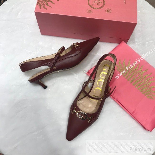 Gucci Zumi Leather Slingback Heel Pumps with G Horsebit 583300 Burgundy 2019 (ANDI-9060140)