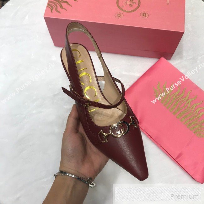Gucci Zumi Leather Slingback Heel Pumps with G Horsebit 583300 Burgundy 2019 (ANDI-9060140)