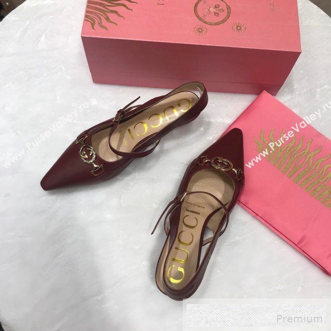 Gucci Zumi Leather Slingback Heel Pumps with G Horsebit 583300 Burgundy 2019 (ANDI-9060140)