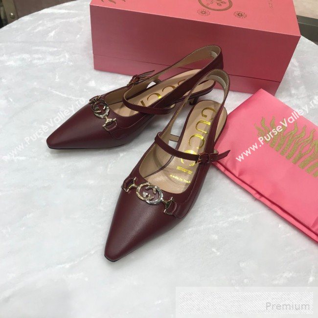 Gucci Zumi Leather Slingback Heel Pumps with G Horsebit 583300 Burgundy 2019 (ANDI-9060140)