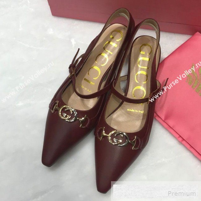 Gucci Zumi Leather Slingback Heel Pumps with G Horsebit 583300 Burgundy 2019 (ANDI-9060140)
