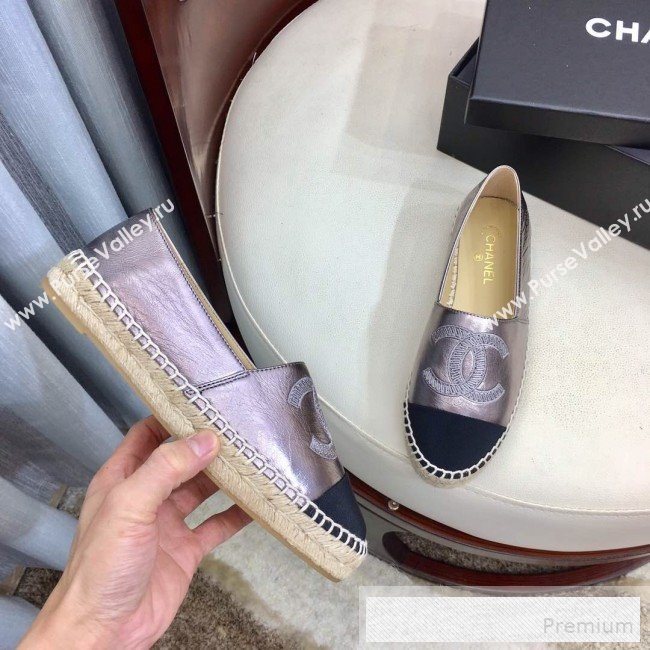 Chanel Leather & Fabric Embroidered CC Classic Espadrilles Silver 2019 (1050-9053182)
