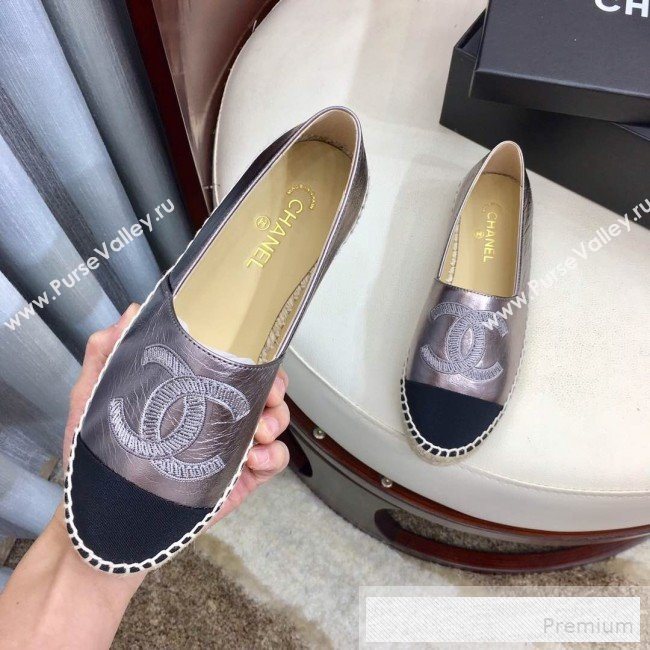 Chanel Leather & Fabric Embroidered CC Classic Espadrilles Silver 2019 (1050-9053182)