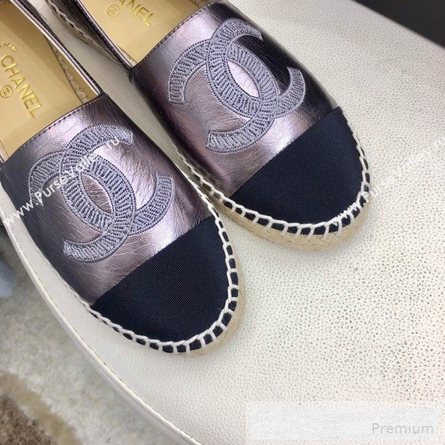 Chanel Leather & Fabric Embroidered CC Classic Espadrilles Silver 2019 (1050-9053182)