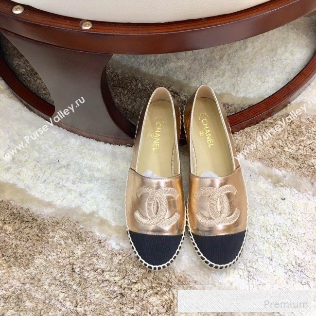 Chanel Leather & Fabric Embroidered CC Classic Espadrilles Gold 2019 (1050-9053181)