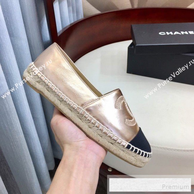 Chanel Leather & Fabric Embroidered CC Classic Espadrilles Gold 2019 (1050-9053181)