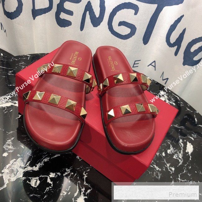 Valentino Calfskin Rockstud Straps Flat Slide Sandals Red 2019 (1050-9053185)
