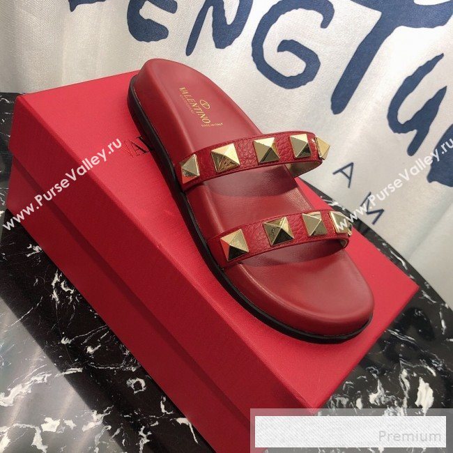Valentino Calfskin Rockstud Straps Flat Slide Sandals Red 2019 (1050-9053185)