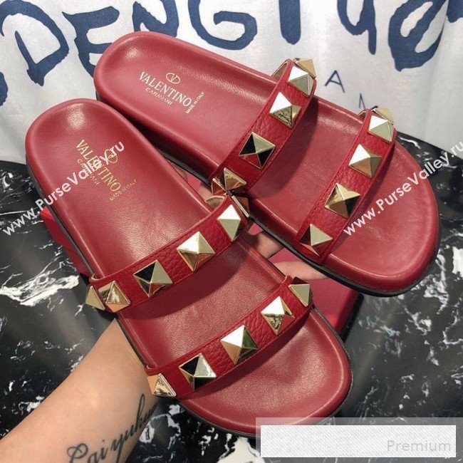 Valentino Calfskin Rockstud Straps Flat Slide Sandals Red 2019 (1050-9053185)