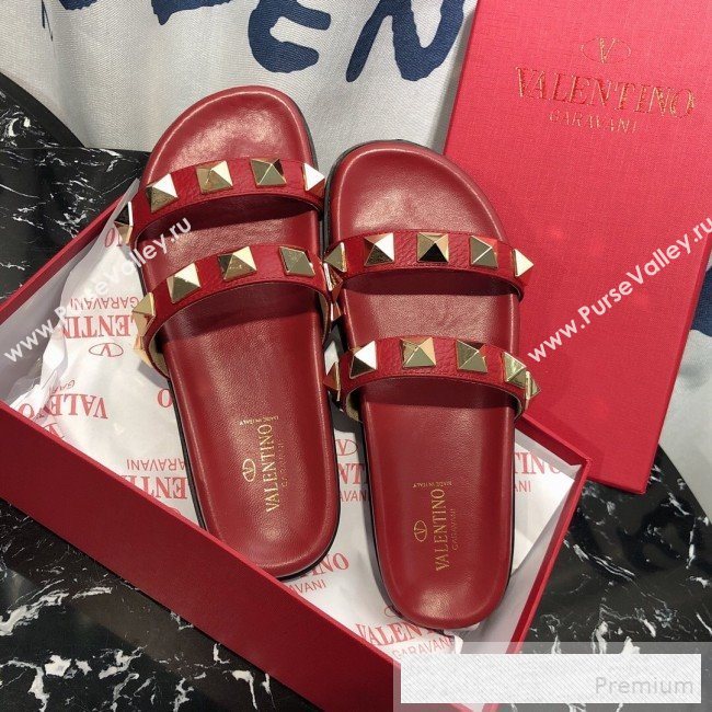 Valentino Calfskin Rockstud Straps Flat Slide Sandals Red 2019 (1050-9053185)