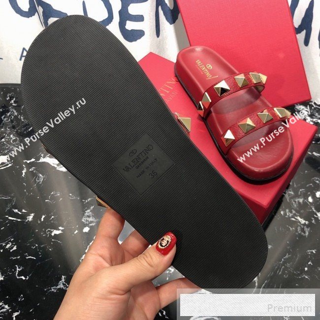 Valentino Calfskin Rockstud Straps Flat Slide Sandals Red 2019 (1050-9053185)