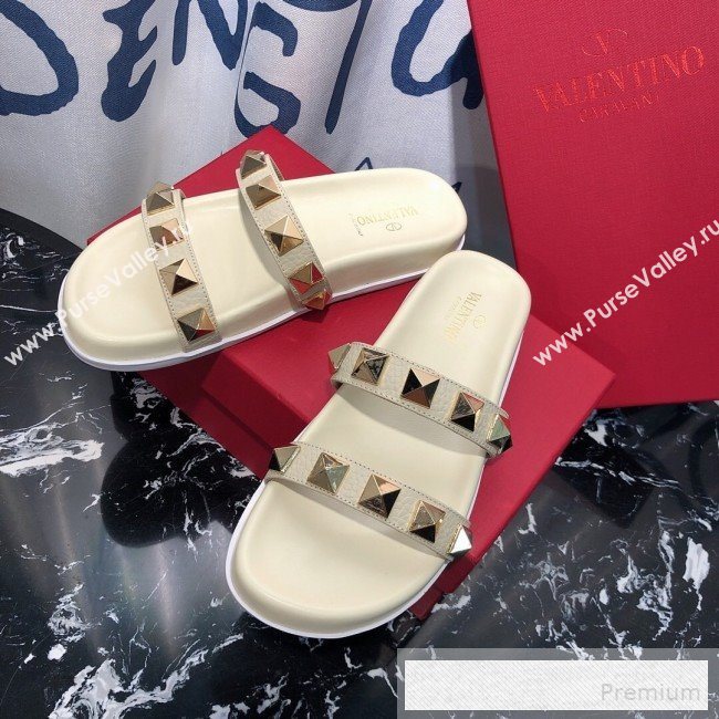 Valentino Calfskin Rockstud Straps Flat Slide Sandals White 2019 (1050-9053186)