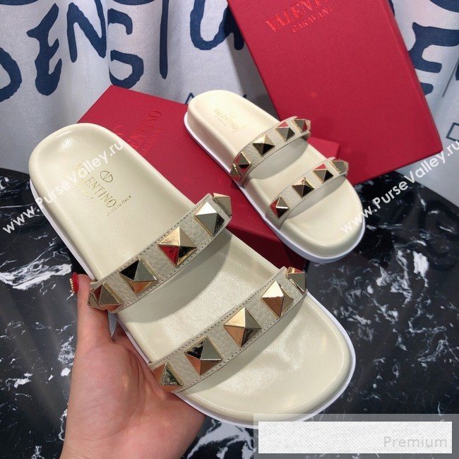 Valentino Calfskin Rockstud Straps Flat Slide Sandals White 2019 (1050-9053186)