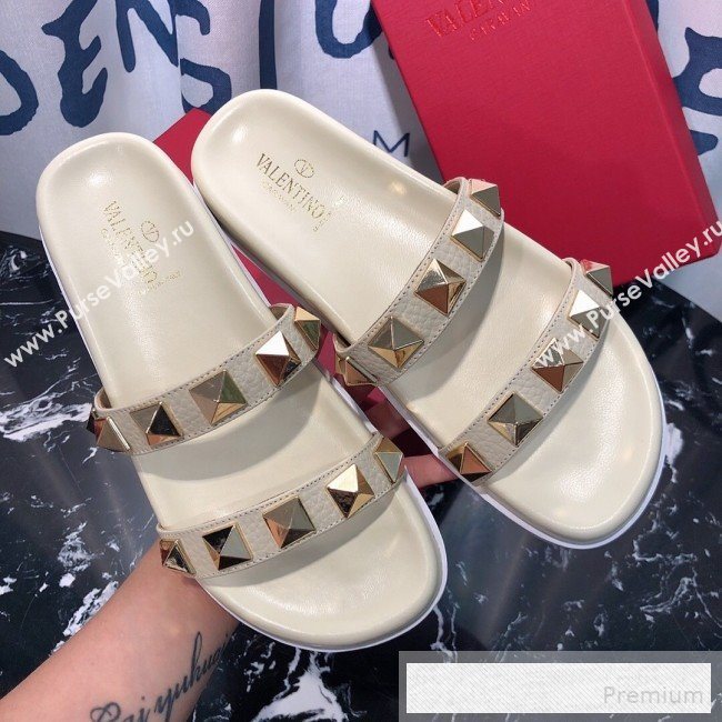 Valentino Calfskin Rockstud Straps Flat Slide Sandals White 2019 (1050-9053186)
