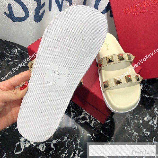 Valentino Calfskin Rockstud Straps Flat Slide Sandals White 2019 (1050-9053186)