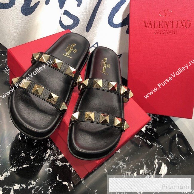 Valentino Calfskin Rockstud Straps Flat Slide Sandals Black 2019 (1050-9053187)