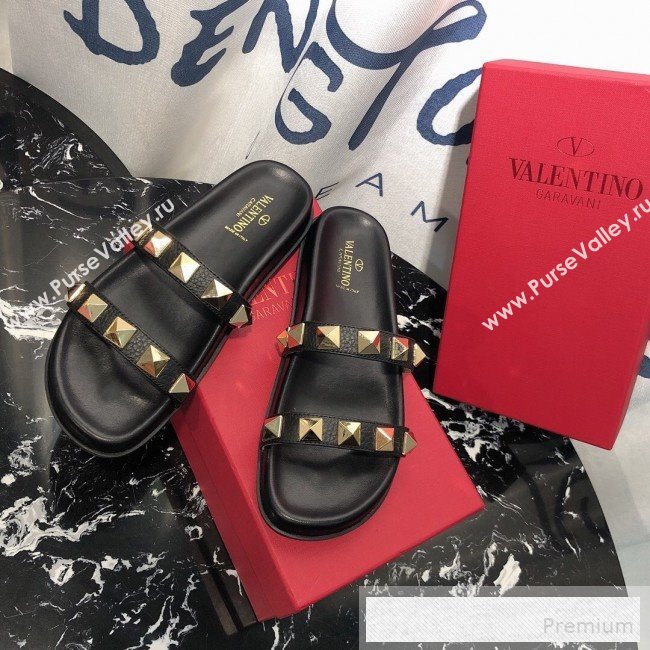 Valentino Calfskin Rockstud Straps Flat Slide Sandals Black 2019 (1050-9053187)