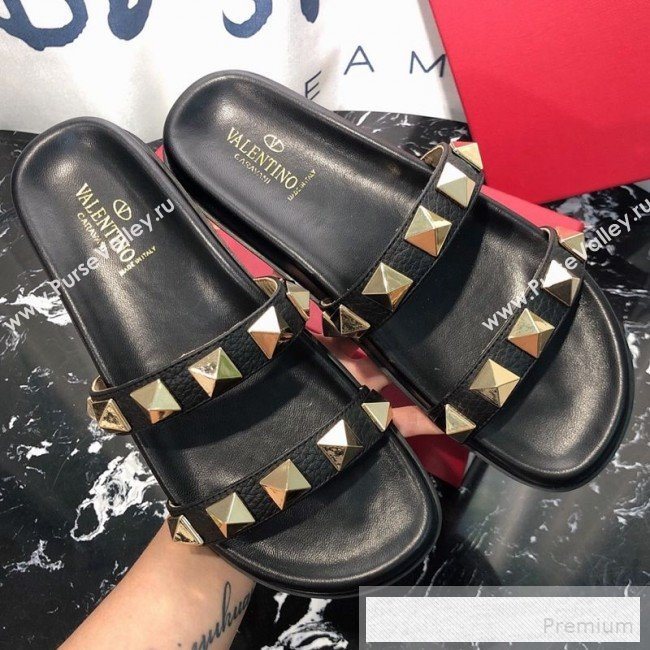 Valentino Calfskin Rockstud Straps Flat Slide Sandals Black 2019 (1050-9053187)