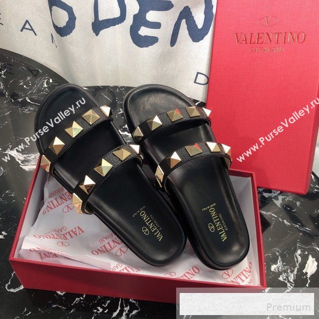 Valentino Calfskin Rockstud Straps Flat Slide Sandals Black 2019 (1050-9053187)