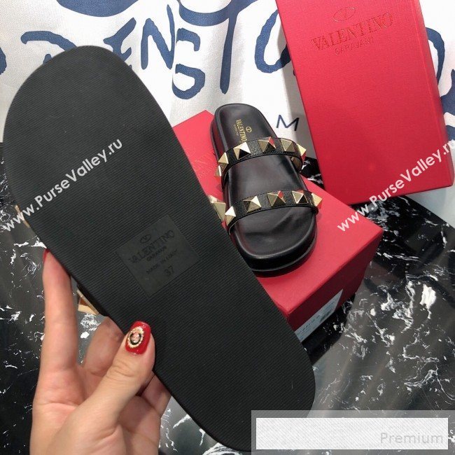 Valentino Calfskin Rockstud Straps Flat Slide Sandals Black 2019 (1050-9053187)