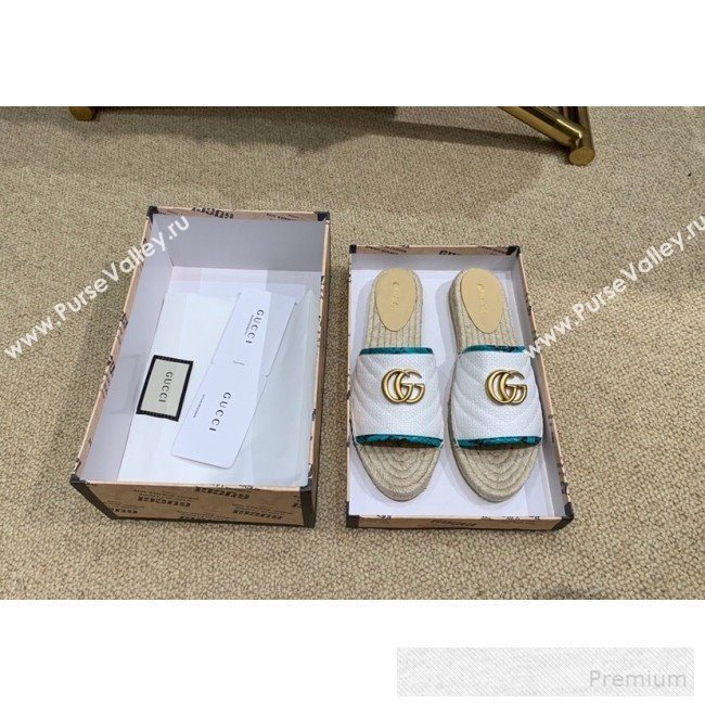 Gucci Chevron Raffia Flat Espadrille Slide Sandals with Double G 578554 White 2019 (HANB-9060103)