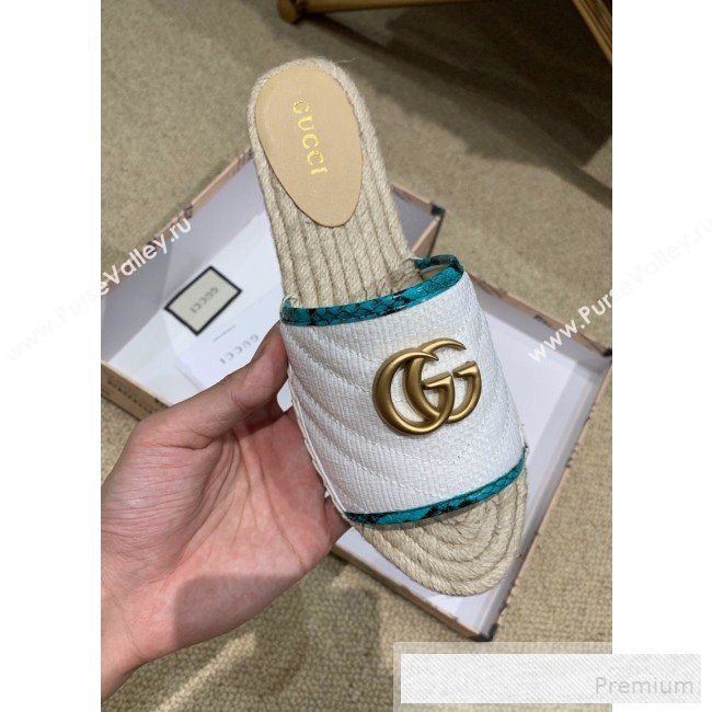 Gucci Chevron Raffia Flat Espadrille Slide Sandals with Double G 578554 White 2019 (HANB-9060103)