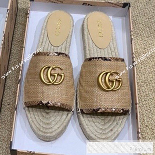 Gucci Chevron Raffia Flat Espadrille Slide Sandals with Double G 578554 Beige 2019 (HANB-9060104)