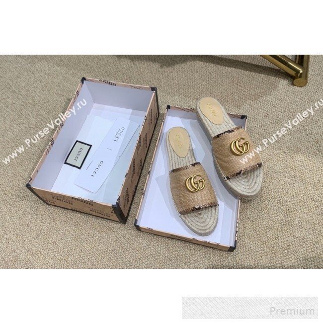 Gucci Chevron Raffia Flat Espadrille Slide Sandals with Double G 578554 Beige 2019 (HANB-9060104)
