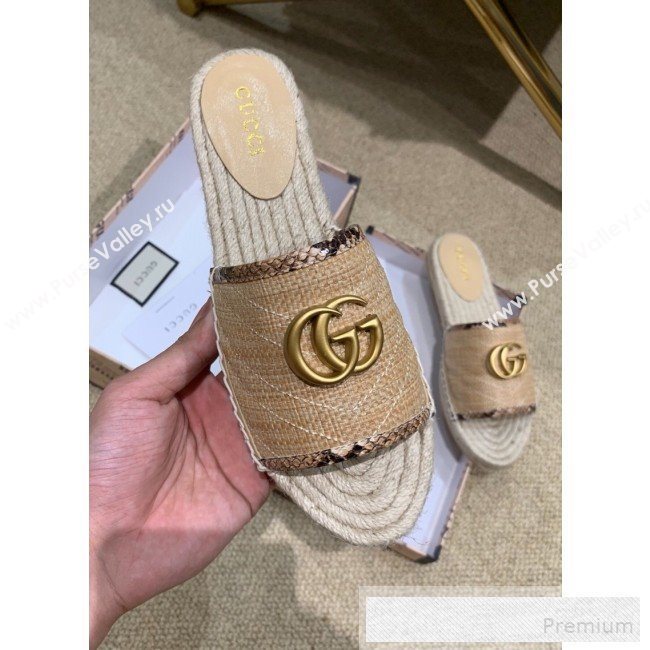 Gucci Chevron Raffia Flat Espadrille Slide Sandals with Double G 578554 Beige 2019 (HANB-9060104)