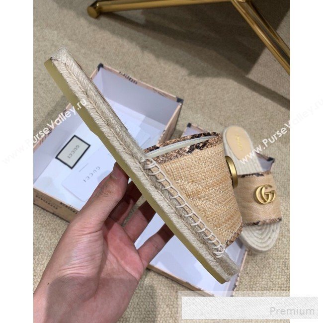 Gucci Chevron Raffia Flat Espadrille Slide Sandals with Double G 578554 Beige 2019 (HANB-9060104)