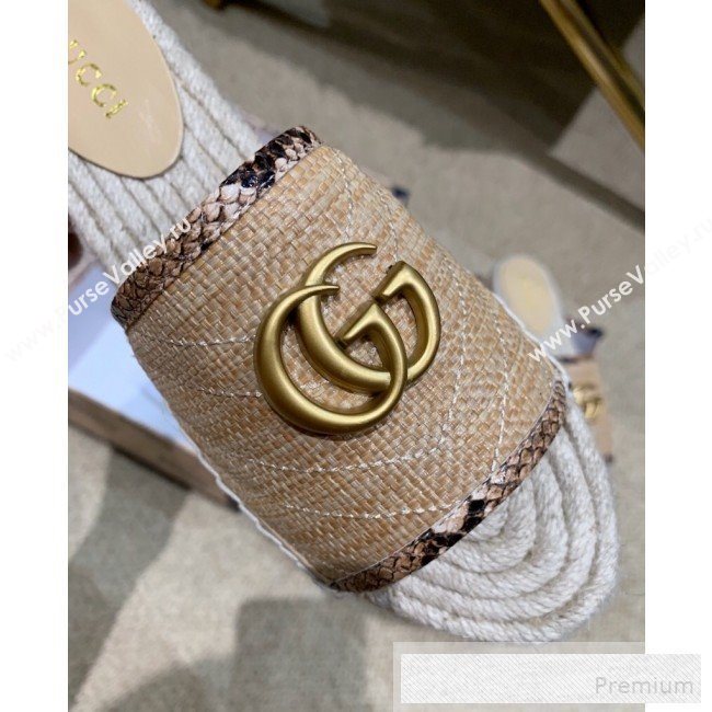 Gucci Chevron Raffia Flat Espadrille Slide Sandals with Double G 578554 Beige 2019 (HANB-9060104)