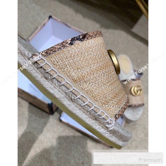 Gucci Chevron Raffia Flat Espadrille Slide Sandals with Double G 578554 Beige 2019 (HANB-9060104)