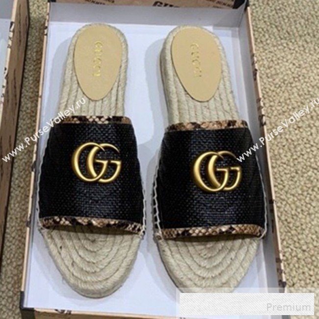 Gucci Chevron Raffia Flat Espadrille Slide Sandals with Double G 578554 Black 2019 (HANB-9060105)