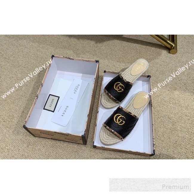 Gucci Chevron Raffia Flat Espadrille Slide Sandals with Double G 578554 Black 2019 (HANB-9060105)