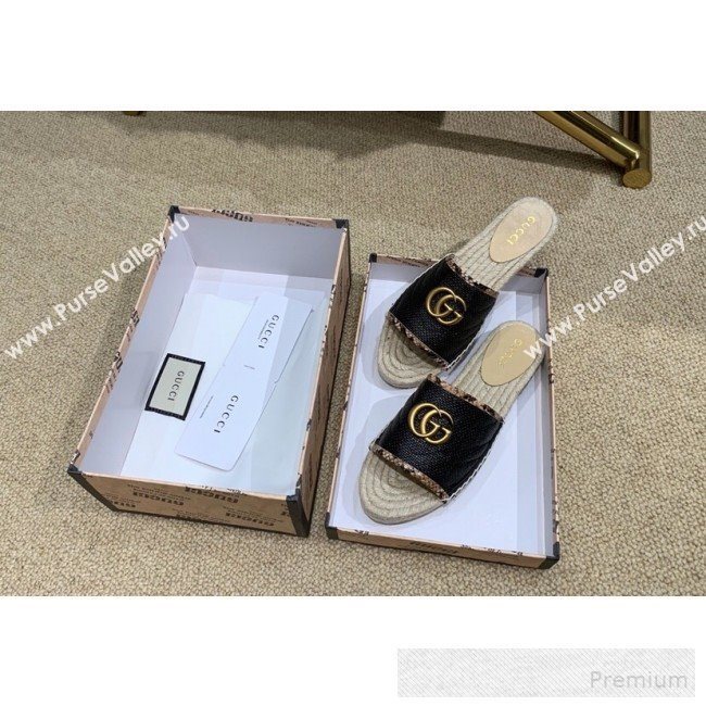 Gucci Chevron Raffia Flat Espadrille Slide Sandals with Double G 578554 Black 2019 (HANB-9060105)